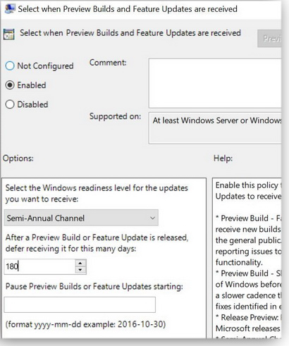 gpedit's feature update control