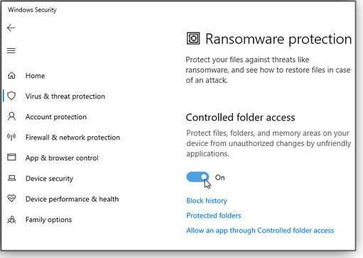 Controlled folder access setting