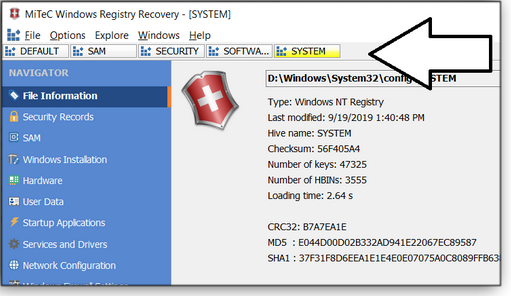 Highlighted SYSTEM hive file