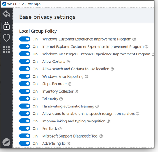 Base privacy settings, screen 1