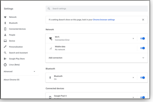 Chrome OS settings screen