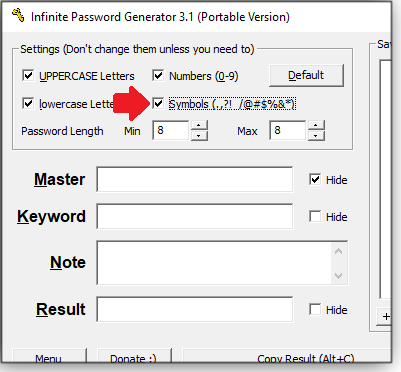 Symbols checkbox