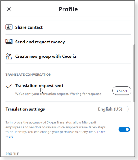 Translation request sent