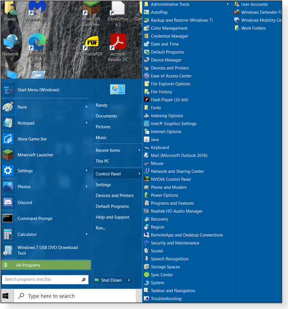 Control Panel options