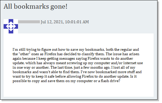 Bookmarks disappear in Firefox update