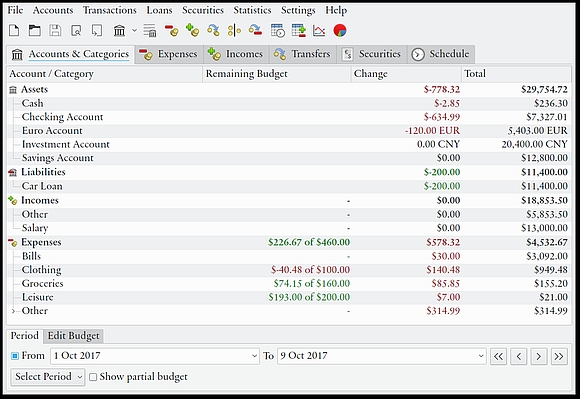 Accounts & Categories tab