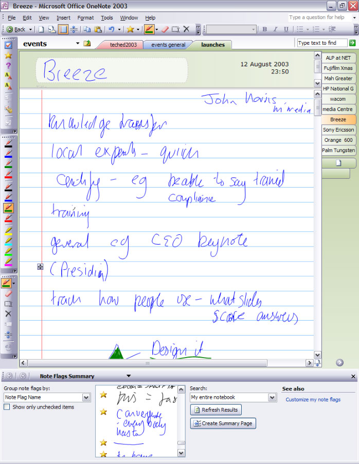 The OneNote 2003 interface with multiple pens and drawing tools, handwritten notes and a summary pane showing handwriting tagged with different note flags