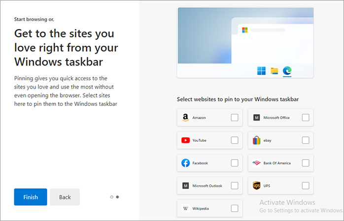 Edge's offer to pin websites to the task bar