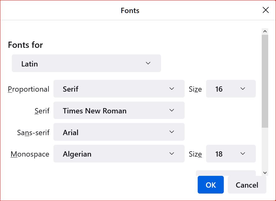 Topic: the defaults for Firefox, General, Language & Appearance, Fonts