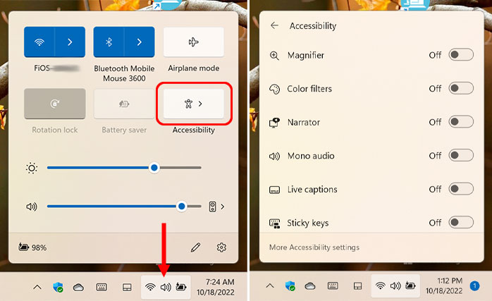 Accessibility accessed from the Windows 11 taskbar