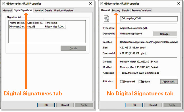 File Properties dialog without and with Registry tweak