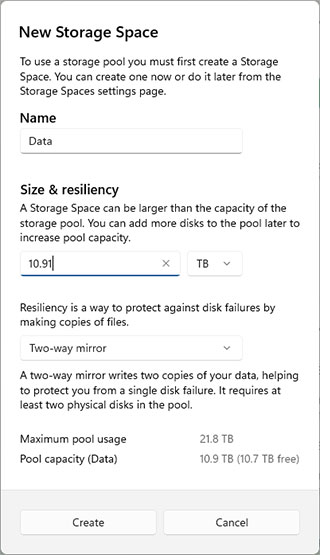 New Storage Space dialog