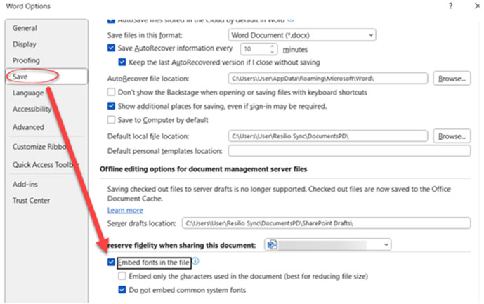 Font embedding setting in Word and PowerPoint