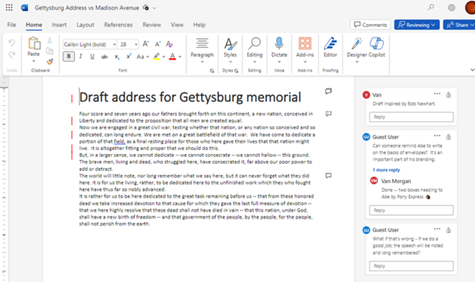 Word for the web with comments in a document.