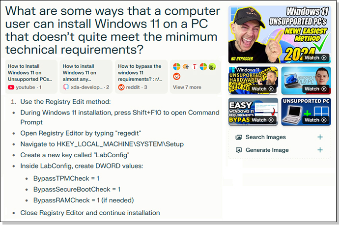 Perplexity answers a question about installing Windows 11