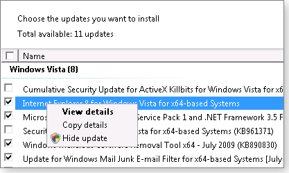 Windows update's hide update option