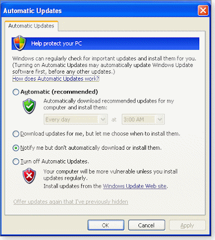 Windows xp automatic update settings