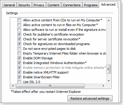 DEP setting in ie's advanced options