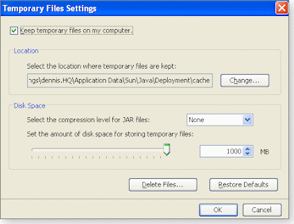 Java temporary internet files dialog