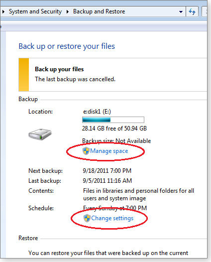 backup settings