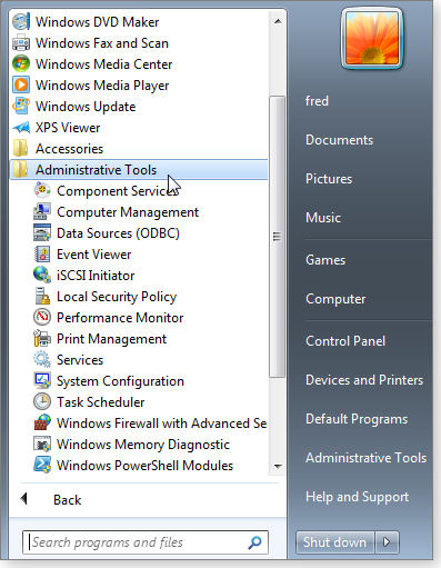 Admin Tools in All Programs