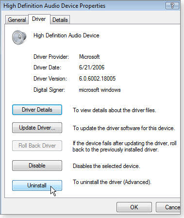 Driver uninstall dialog box