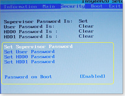 BIOS password settings