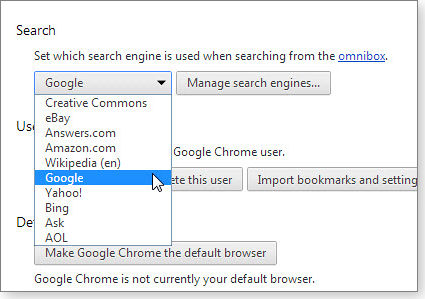 Setting Google as default search engine