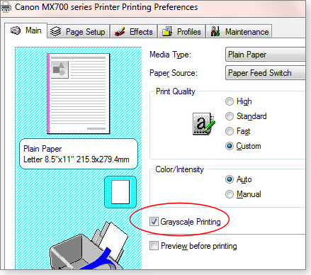 Setting grayscale printing