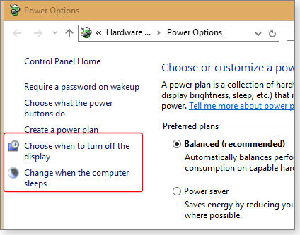 Control Panel power options